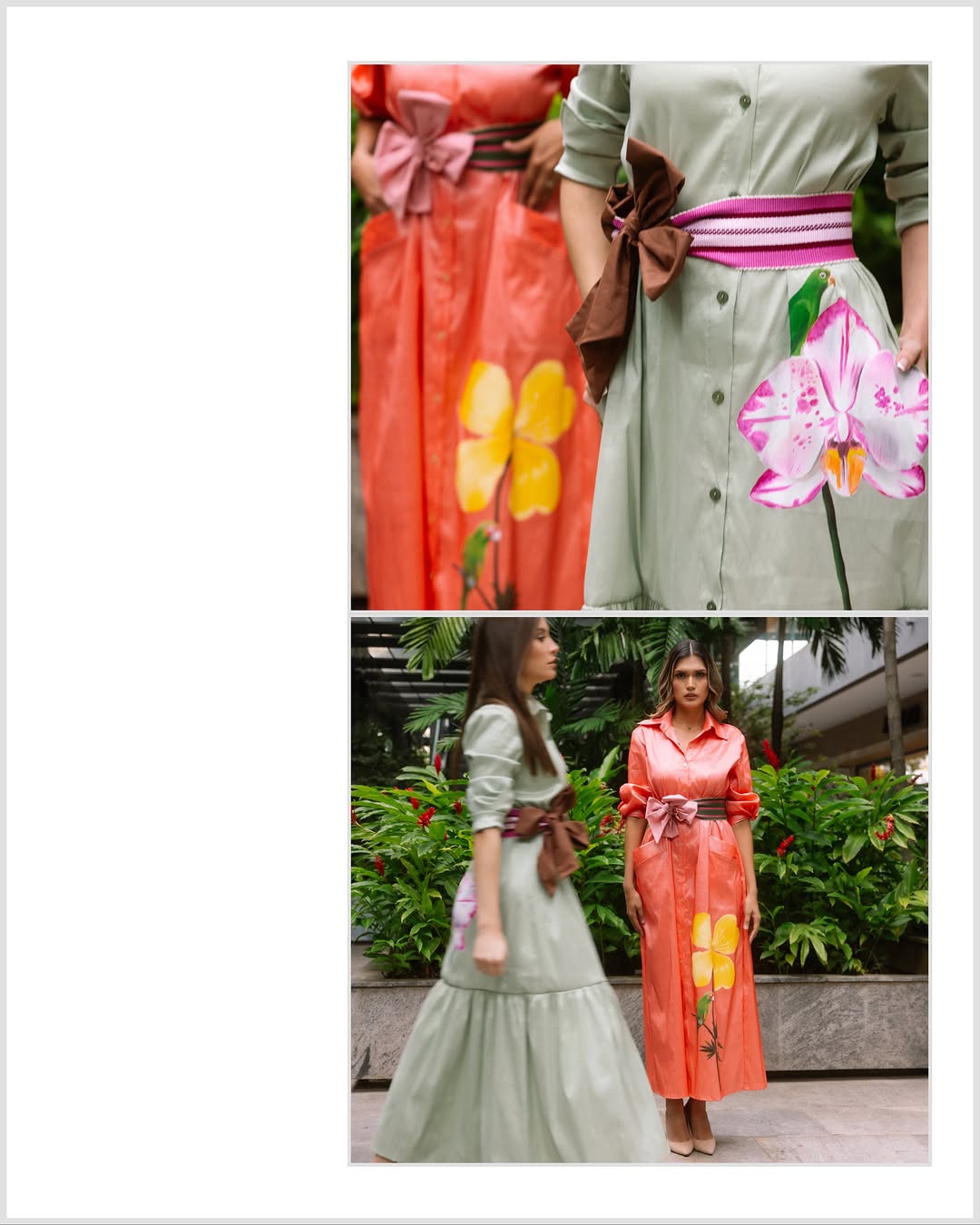 Vestidos pintados a mano — orquídea y flor amarilla, con cinturones tejidos Indimbo